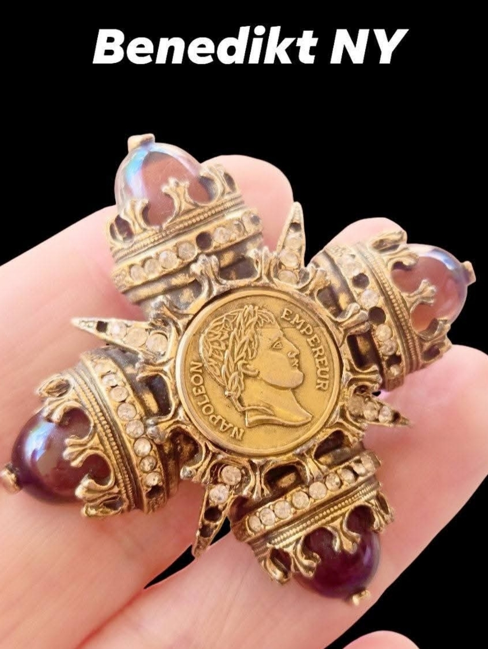 Vintage BENEDIKT NY Napoleon Coin Maltese Cross Brooch Pendant Root Beer Glass